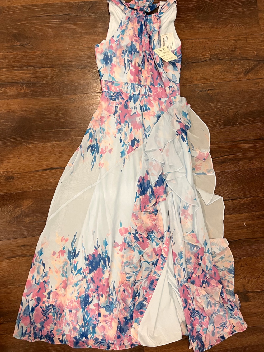 Eliza J Watercolor Floral Ruffle Maxi Dress in Light Blue, Pink & Navy